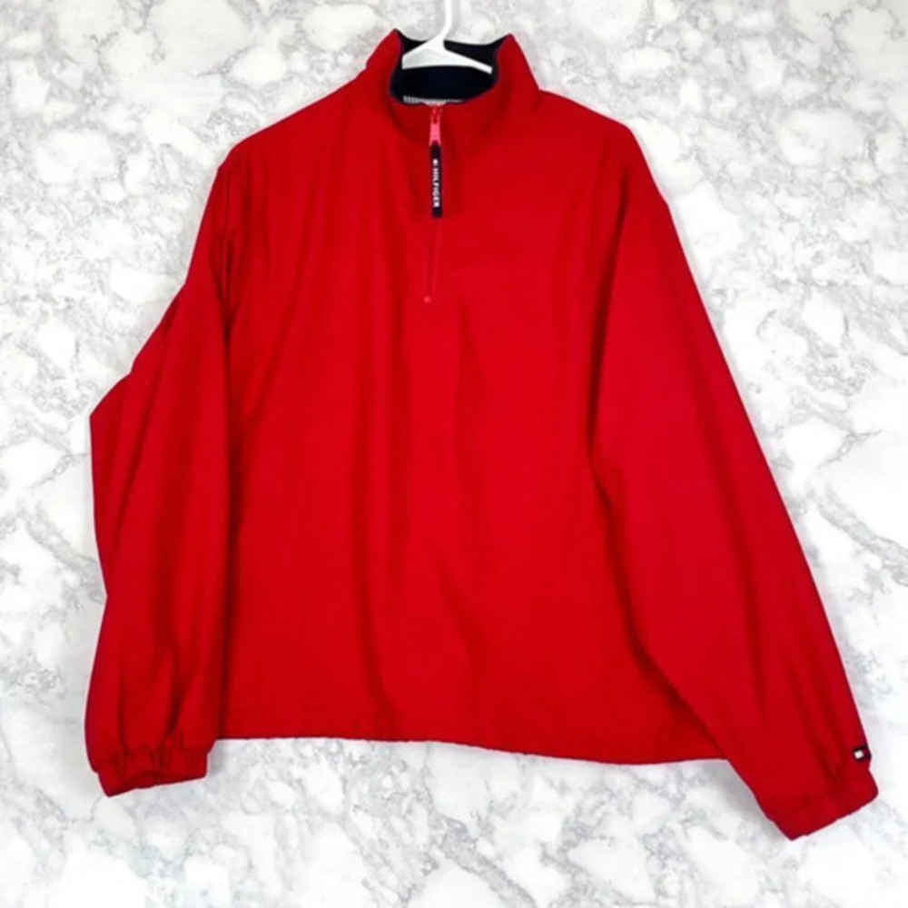 Tommy Hilfiger Golf Windbreaker Jacket Mens L Red Pullover 1/4 Zip Mock Neck
